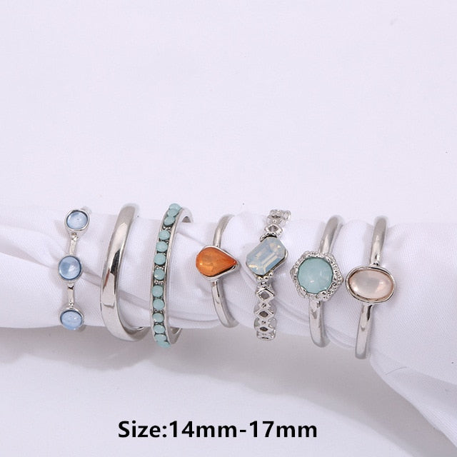 Vintage Summer 8Pcs/Set Fairy Friends Colorful Stone Metalic Fashion Finger Rings Korea Hit Rings for Women Girl Party - BonoGifts