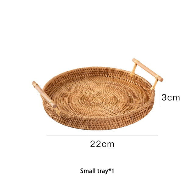 Handwoven Rattan Storage Tray With Wooden Handle Round Wicker Basket Bread Food Plate Fruit Cake Platter Dinner Serving Tray