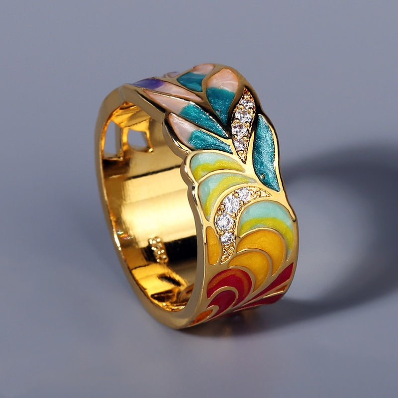 Enamel Ring | Colorful Ring | Colorful Leaf shape Zircon Ring | Gift for Her |  Ring | Feather Ring | Handmade Ring | Unisex Ring