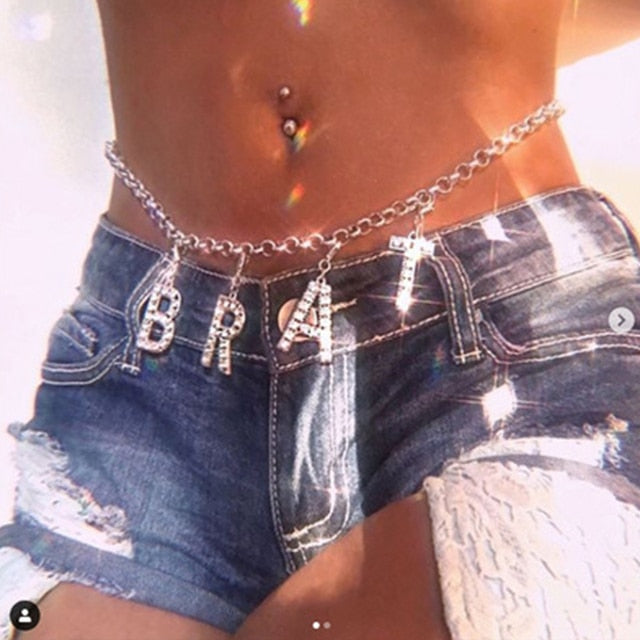 Crystal Letter Waist Chain | Custom Belly Chain | Custom Name Waist Chain | Metal Chain Belt | Women Thong Body Chain | Custom Belly Jewelry