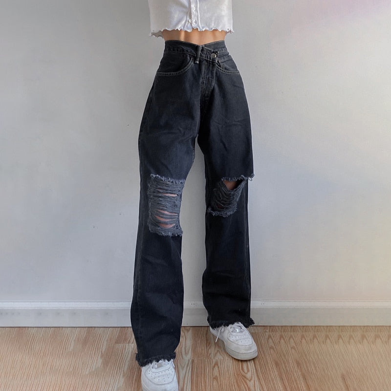 Streetwear Schwarze Y2K zerrissene Jeans | Gerade lockere Jeanshose für Damen | Freizeithose | Baggy-Jeans im Boyfriend-Stil