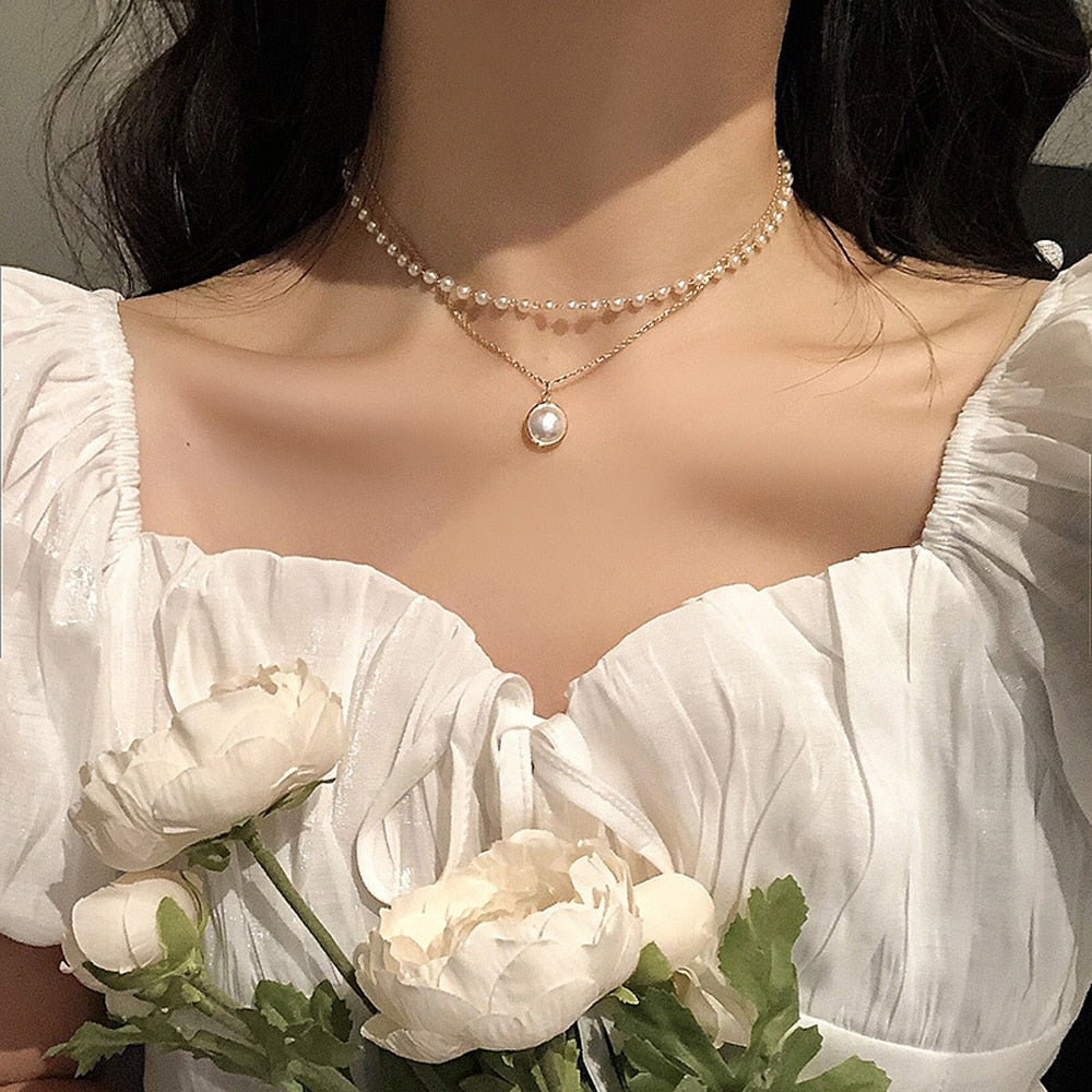 Double Layer Chain Pendant for Women | Kpop Pearl Choker Necklace | Pearl Necklace Gift| Double Layered Choker Necklace | Necklace for women - BonoGifts