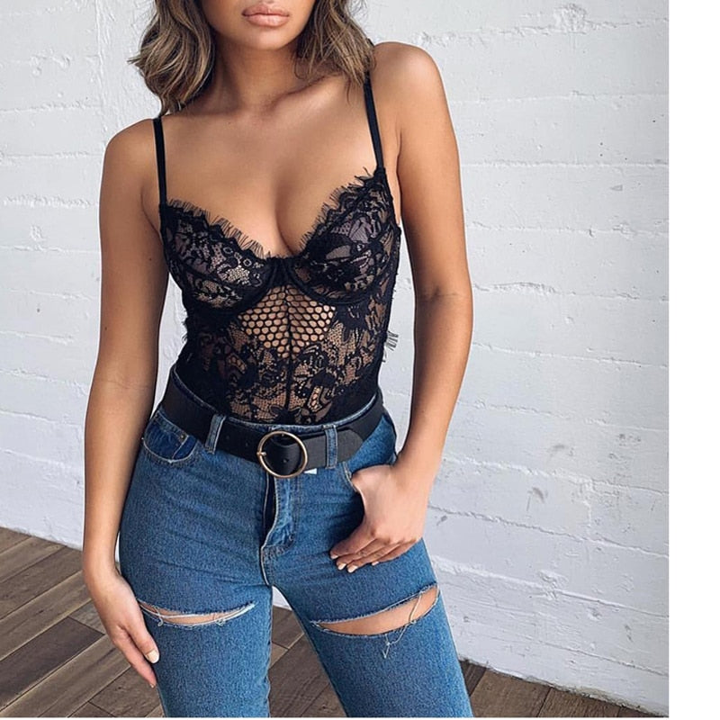 Women Bodysuit Sexy Lace Sleeveless Mesh Floral See-through Hollow Out Underwear Ladies Outfit Clothing