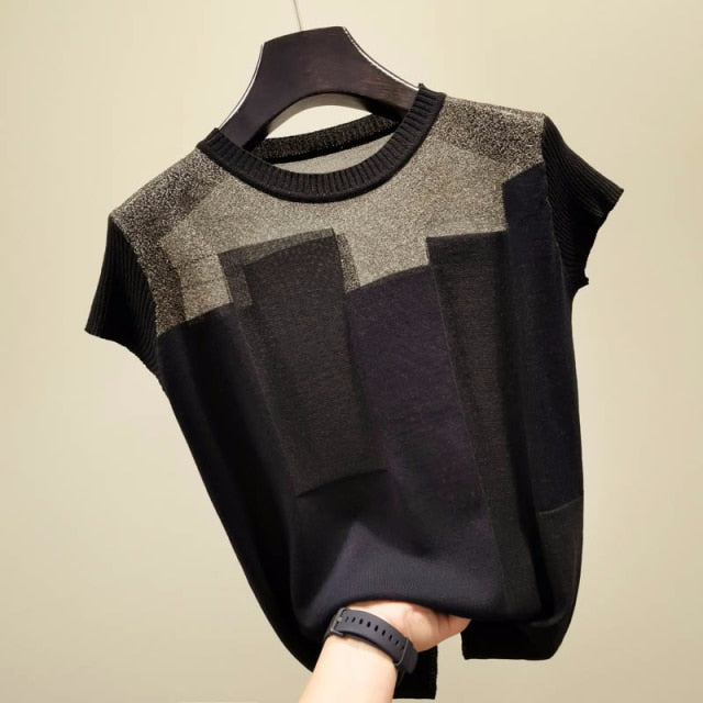 Silk Knitted Sweater Ice Patchwork | Women Stripe Sweater | Crew Neck Sweater | Short Sleeve Pullover | Women Soft Sweater | Woman jumper - BonoGifts