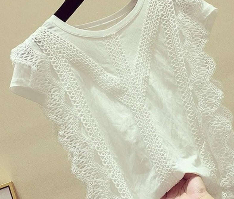 Women Lace Knitted Blouse | Short Sleeve Blouses Tops | Solid Color Shirt blouse Top | Women Girl Blouse | Women Lace Blouses | Romantic Top - BonoGifts