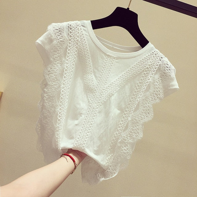 Women Lace Knitted Blouse | Short Sleeve Blouses Tops | Solid Color Shirt blouse Top | Women Girl Blouse | Women Lace Blouses | Romantic Top - BonoGifts