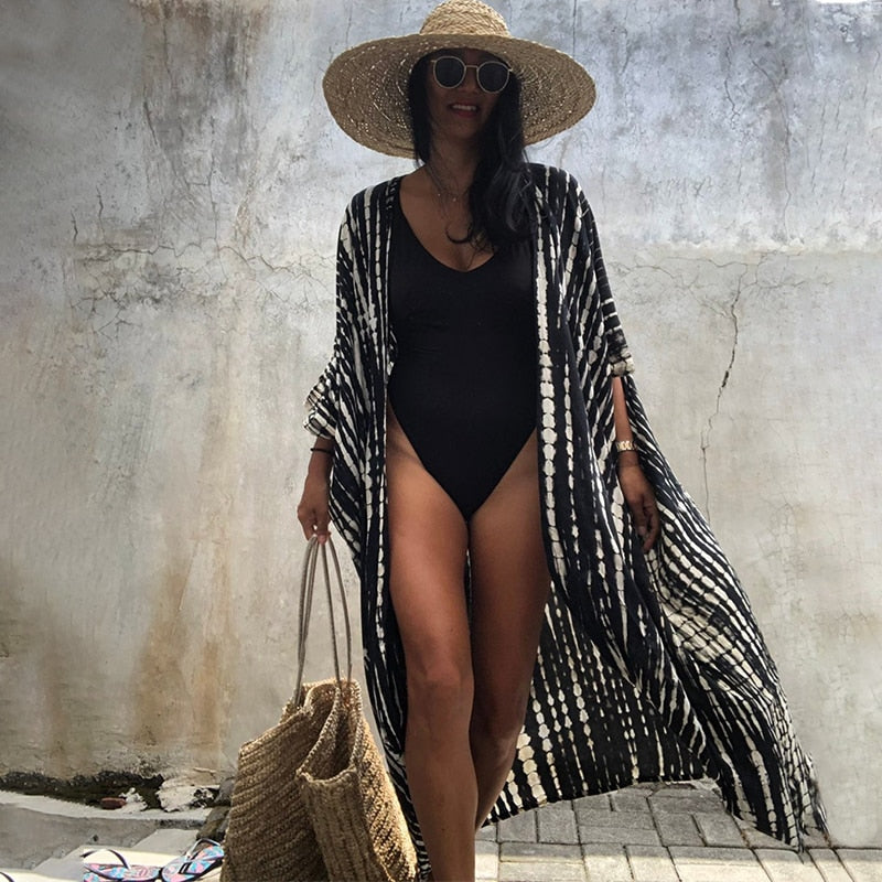 2021 Bikini Cover-ups Black Retro Striped Self Belted Women Summer Kimono Dress Beach Wear Swim Suit Cover Up - BonoGifts