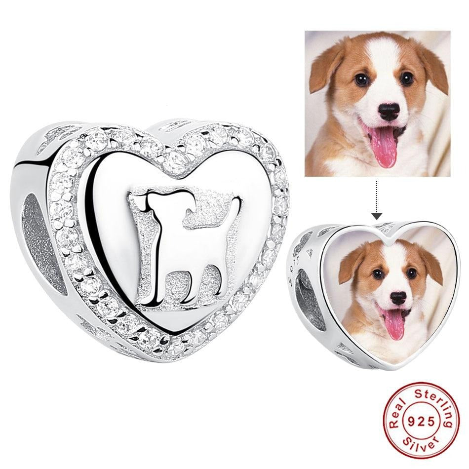 Foto personalizada personalizada Cristal de plata de ley 925 | Encantos del perro del corazón | pulsera Fit Original | Joyas originales de cuentas de bricolaje