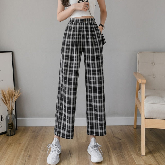 Plus Size Casual Loose Wide Leg Pant | Ladies Casual Pants | Plaid Straight Pants | Straight Wide Leg Trousers | Street Style Pant Trousers - BonoGifts