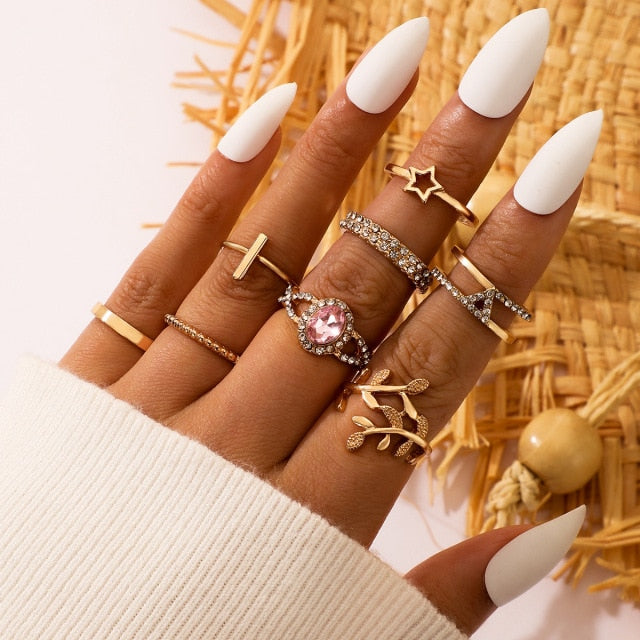 Conjunto de anillos de mariposa de cristal bohemio Vintage para mujer, anillo de dedo geométrico con hojas de circón y estrellas, regalos de joyería para fiesta y boda