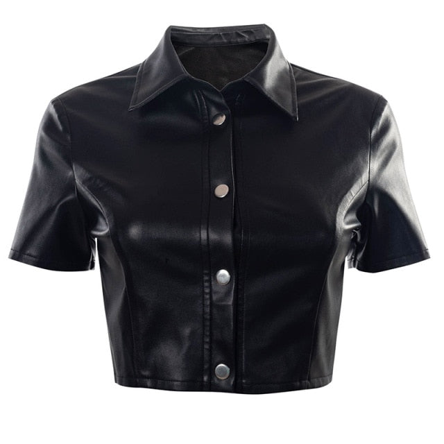 Black PU Leather Button Up Short Sleeve Crop Top T Shirt Women   Streetwear Vintage Clothes