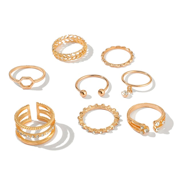 Tocona 8 unids/set anillos ahuecados para mujeres y hombres dijes de piedra de cristal transparente anillos de cadena de oro accesorios de joyería Bohemia Anillo