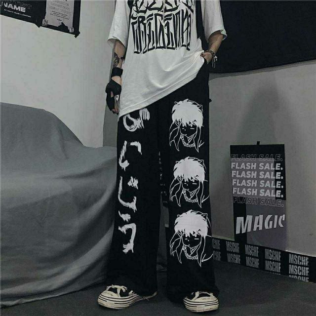 Jeans mit Anime-Print | Baggy-Hip-Hop-Hose mit hoher Taille | Hose mit weitem Bein und Anime-Print | Hip Hop Streetwear Damenhose | Streetwear-Jeans