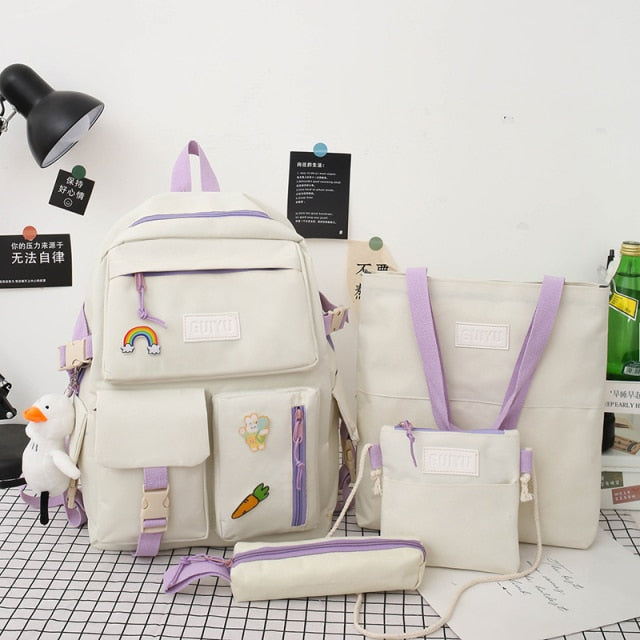 Back to School | 4-piece Set Of Harajuku Style Women's Backpack Canvas Waterproof School Backpacks Large-capacity All-match Travel Bag