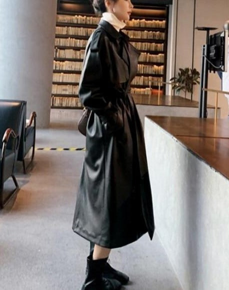 Schwarzer Ledermantel | Langer Trenchcoat | Langer schwarzer Regenmantel | Damenmantel im koreanischen Stil | Langer Ledermantel | Vintage-Mantel | Schwarzer Trenchcoat