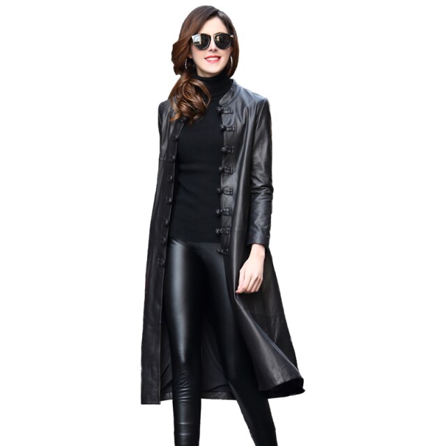 Schwarze Lederjacke | Damen Lederjacke | Schwarzer Ledermantel | Jacken für Damen | Lange Kunstlederjacke | Weicher Ledermantel für Damen