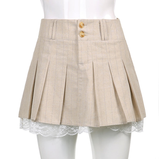 Lace Trim High Waisted Pleated Mini Skirt | Khaki Skirts For Girls | Casual Skirt | Preppy Style Short Skirts | Women Front Button Up Skirts