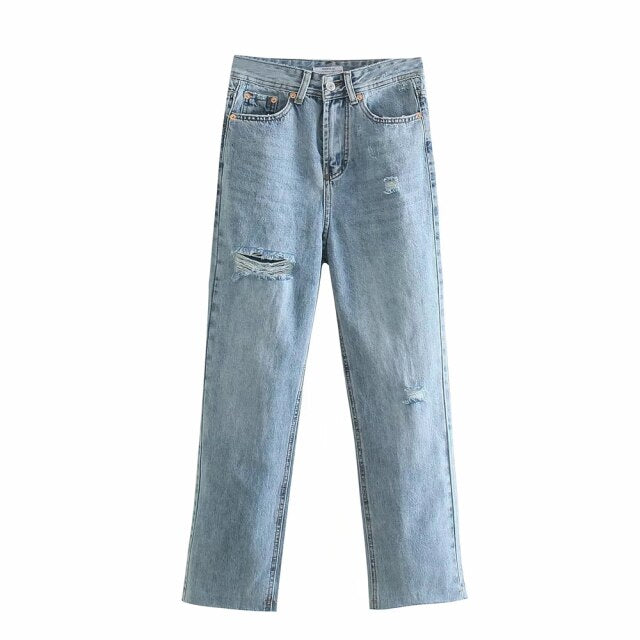 Women Ripped straight Leg Jeans | Washed full length High waist Mom denim pants | pocket Hole Wide-legged Trousers | Ladies
