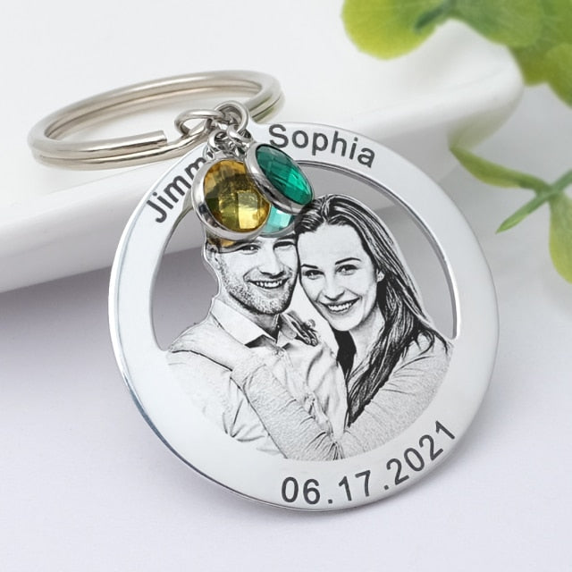Custom Photo Keychain,Personalised Picture Keyring with Birthstone,Couples Key Chain,Gift For Her,Anniversary Gift