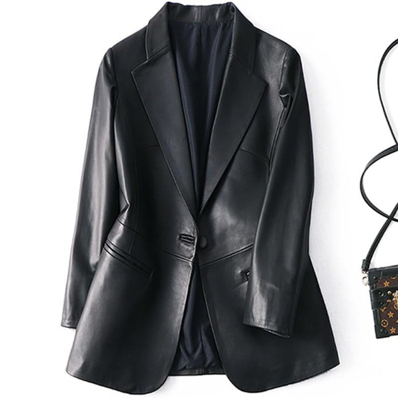 Spring Black PU leather Blazer Women Single Button Slim Fit Coat Designer Plus Size Jacket Womens Leather Jackets and Coats