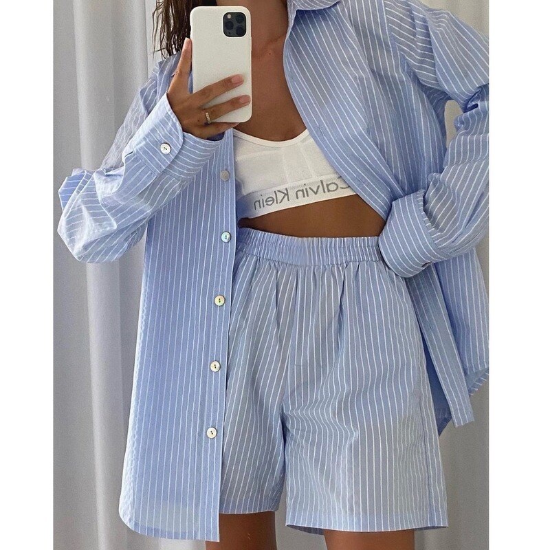 Wear Women's Home Clothes Stripe Long Sleeve Shirt Tops and Loose High Waisted Mini Shorts Two Piece Set Pajamas