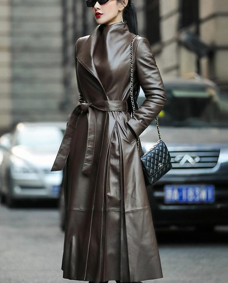 Women Leather Coat | Streetwear Coat | Women Trench Coat | Long Sleeve Coat | Long Trench Coat | Brown Black Long Leather Coat | Belted Coat