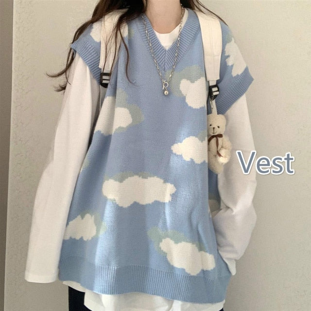 suéter casual para niñas | suéter estilo coreano | Jersey de chicas coreanas | Suéter Kawaii | suéter de cuello redondo | impresión de las nubes | Suéter Harajuku