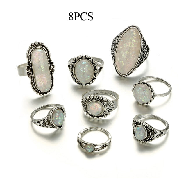 Vintage Antique Silver Color Rings Sets Colorful Opal Crystal Stone Carve for Women Men Bohemian Jewelry Anillos