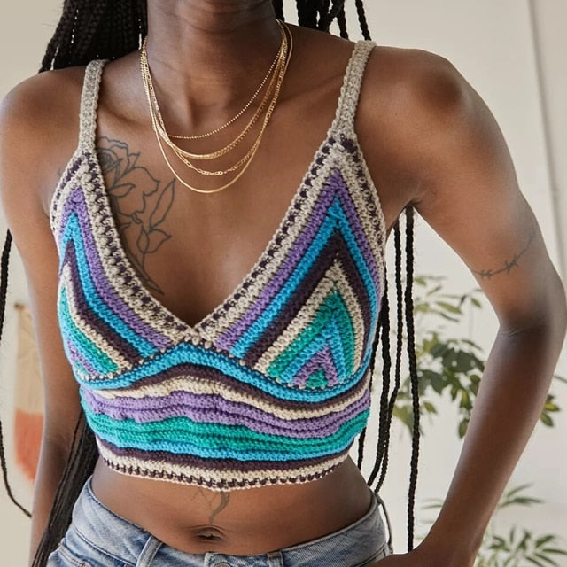 Knitted Crochet Crop Top | Sleeveless Spaghetti Strap Top | Crochet Top | Knitted Top | Colorful Striped Knitted Cami Top | Women vests Top