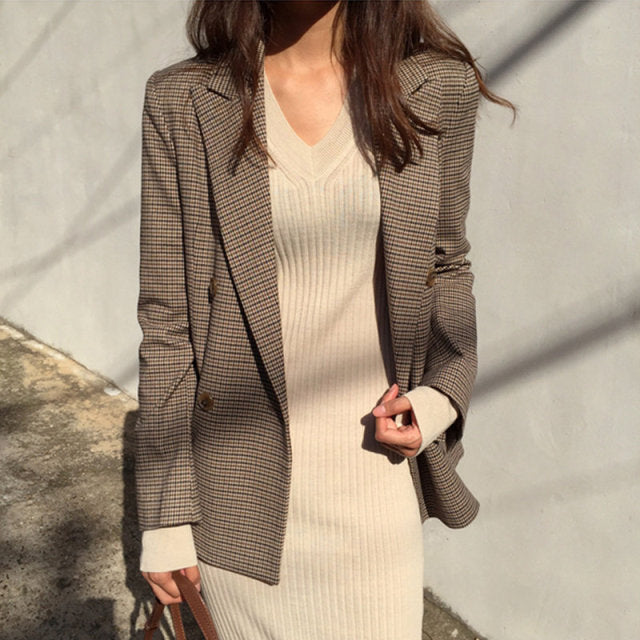 Women Blazer | Double Breasted Coat | Minimal Style Plaid Blazer | Plaid Brown Blazer | Women Office Blazer | Plaid Long Coat | Plaid Jacket