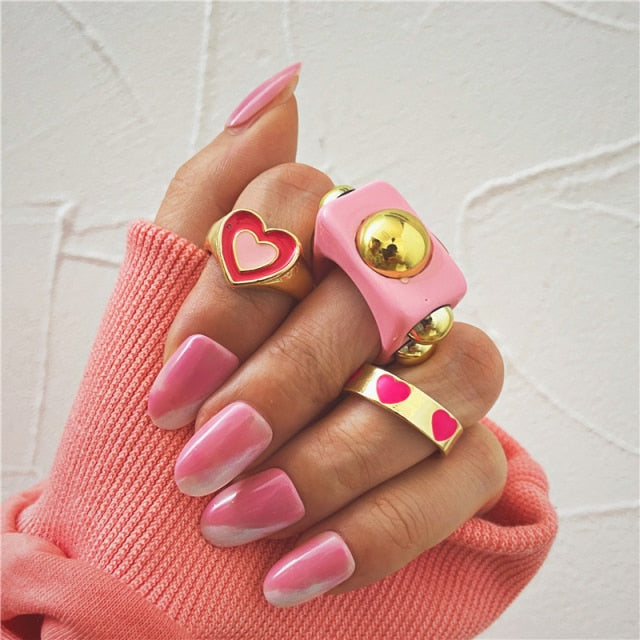 Vintage Golden Heart Rings Set for Women  Pink Green Color Resin Flower Love Heart Ring Jewelry