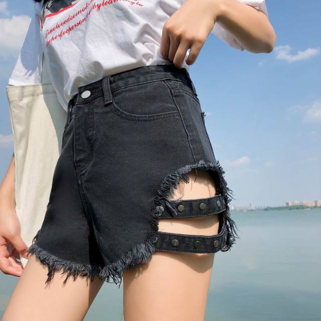 High Cut Sexy Short Jeans Frauen Schwarz Blau Harajuku Mode Schnalle Hohe Taille Denim Shorts Breites Bein Lässige Streetwear Weiblich
