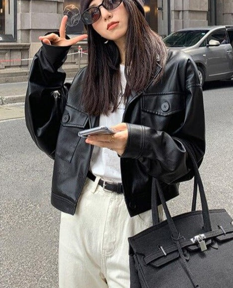 Black Leather Jacket | Women Leather Jacket | Long Sleeve Pockets Button Jacket | Korean Style Jacket | Drop Shoulder Jacket | Short Jacket
