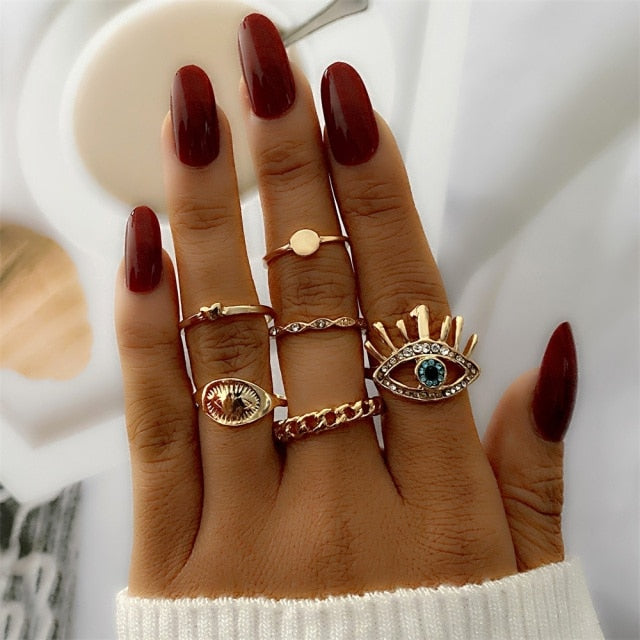 Bohemian Gold Chain Rings Set For Women  Boho Coin Snake Moon Rings Party Jewelry Gift