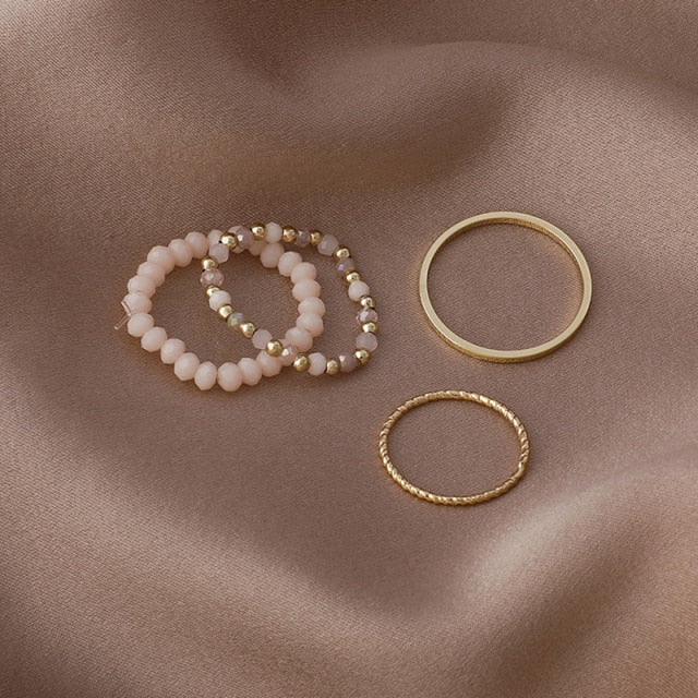 4PCS Women&#39;s Ring Summer Crystal Beaded Vintage Rings Set New Korean Women Jewelry Temperament Accessories Sweet Aesthetic Gift