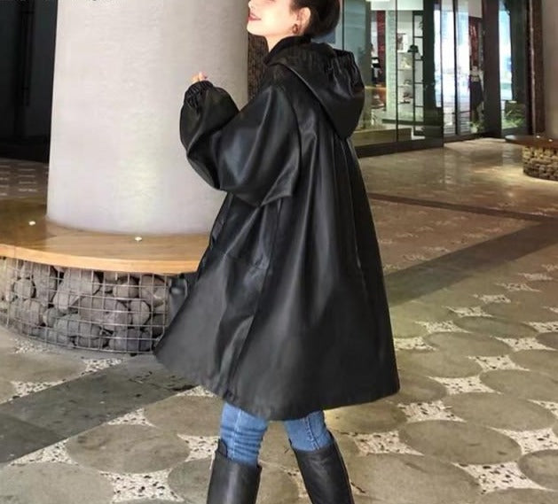 Damen Schwarzer Ledermantel | Wasserdichter Ledermantel | Mantel im koreanischen Stil für Frauen | Mantel mit langen Ärmeln | Langer Trenchcoat | Langer Ledermantel