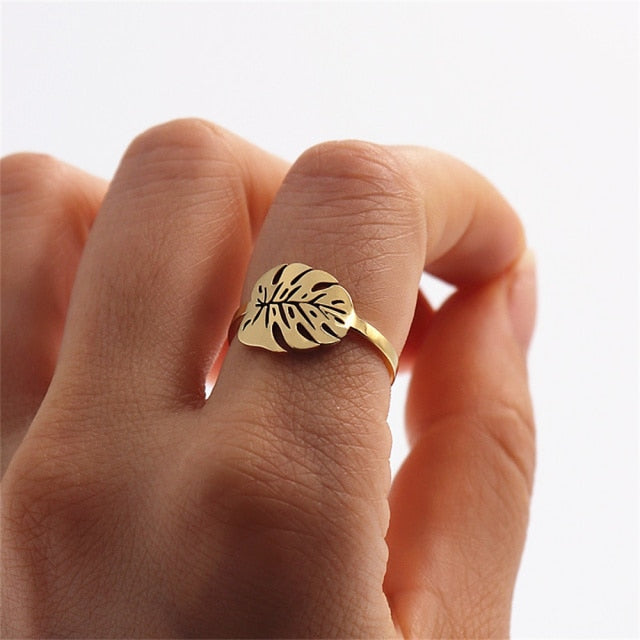 Tropical Leaf Ring Greenery Jewelry Gold Palm Leaf Rings For Women Stainless Steel Anillos Hombre Summer Style Hawaiian