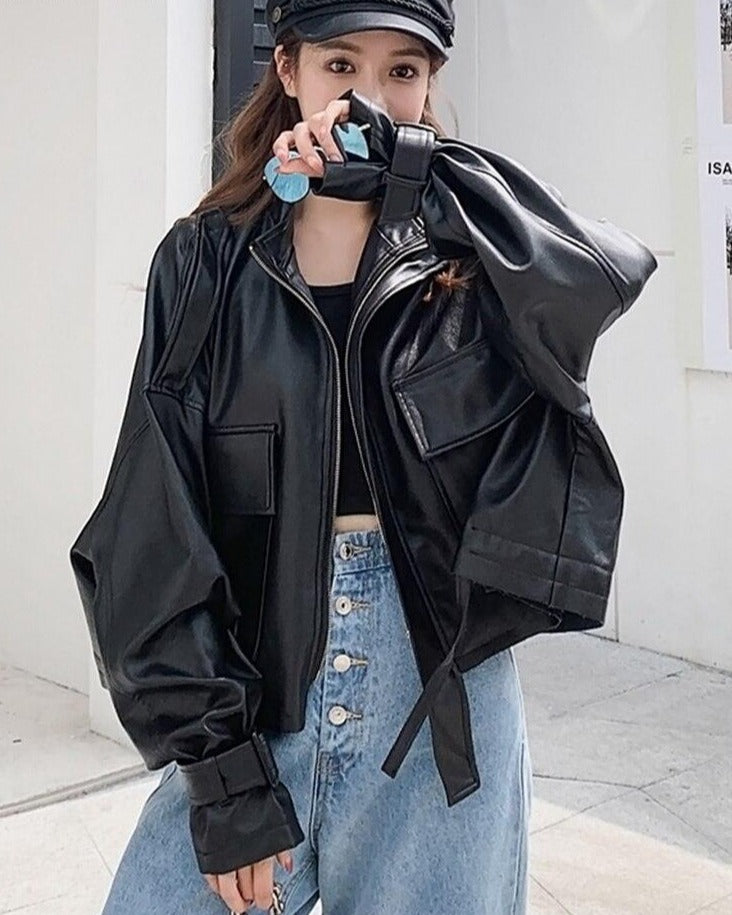 Black Leather Jacket | Women Leather Jacket | Long Sleeve Short Jacket |Korean Style Jacket | Black Oversized Jacket | Casual Leather Jacket