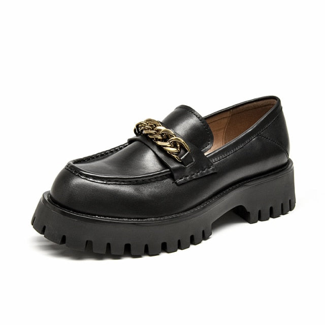 Plateau-Loafer | Damen echtes Rindsleder | Lässige flache Schuhe mit runder Zehenpartie | Metallkette zum Hineinschlüpfen | Weibliche Schuhe | Handgefertigt