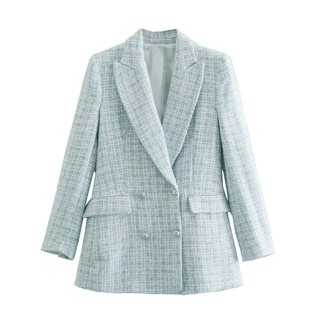 Damen-Blazer | Zweireihiger Mantel | Vintage Tweed-Blazer | Himmelblauer Tweed-Blazer | Büro-Blazer für Damen | Karierter Tweed-Blazer | Lässiger Blazer