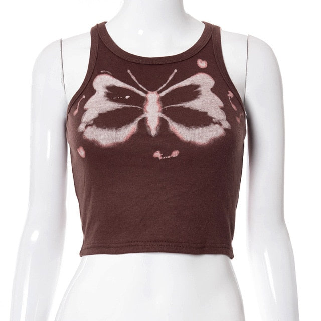 Y2K-Ästhetik Kawaii Schmetterlingsdruck Braune Crop Tops Indie Streetwear O-Ausschnitt Ärmellose Tanks 90er Partywesten