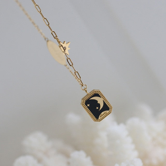 18K Gold Color Enamel Moon Myth Square Pendant Necklace Woman Jewelry 316 Titanium Steel Accessory Not Fade