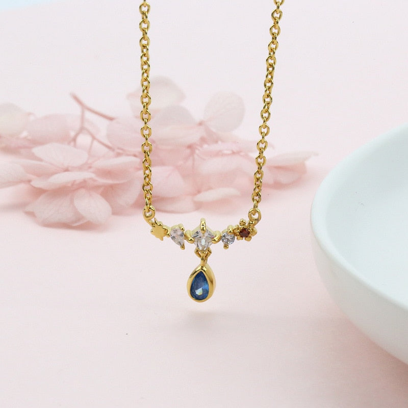 18K Gold Plated Blue Zircon Crystal Pendant Necklace for Women Girls