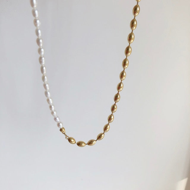 Women Trendy Necklace | Gold Jewelry For Girlfriend | Pearl Necklace | Half Pearl & Half Gold Beaded Chain Necklace | Beaded Pearl Necklace