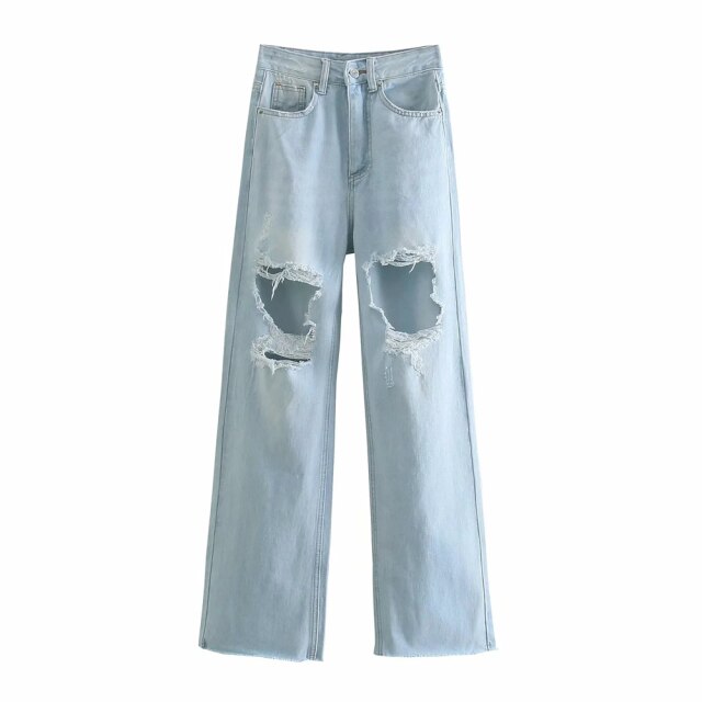 Vaqueros rasgados de mujer | Ropa de calle de talle alto | Pantalones de mezclilla rectos Harajuku azul claro de pierna ancha holgados | Pantalones con agujeros