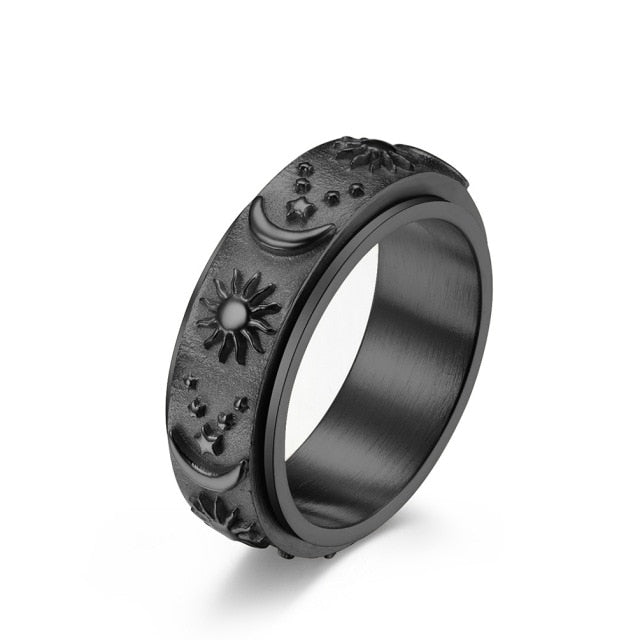 Vintage Stainless Steel Sun Moon Star Spinner Ring For Women Men Stress Release Ring Rotatable Fidget Ring Hiphop Biker Jewelry