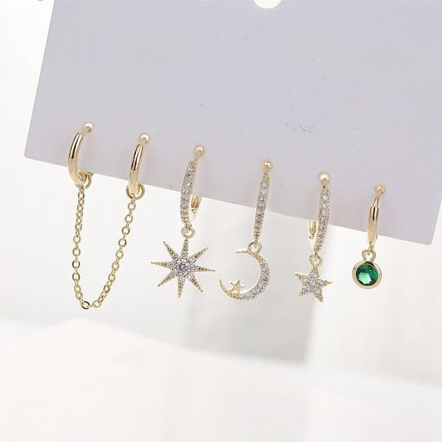 6-piece Set Star Moon Drop Small Hoop Earrings Set Pendant Hanging Earrings For Women Party Jewelry