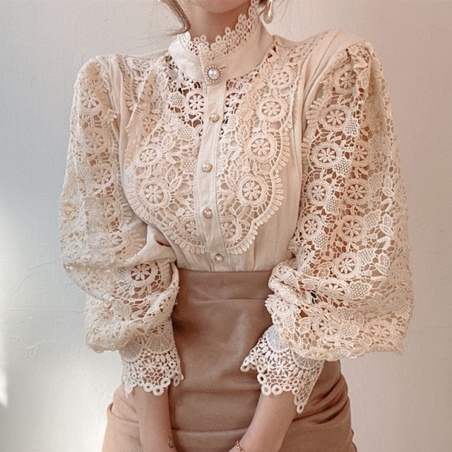 Petal Sleeve Stand Collar Hollow Out Flower Lace Patchwork Shirt Femme Blusas All-match Women Lace Blouse Button White Top