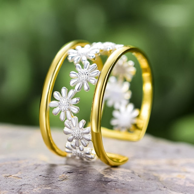 Elegant Little Daisy Flower Adjustable Rings for Women Real 925 Sterling Silver Luxury 18K Gold Jewelry Trend New