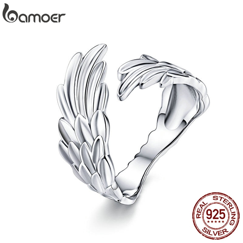 Anillo de alas de guardián | auténtica plata de ley 925 | Tamaño ajustable | Anillos de dedo para joyería de mujer